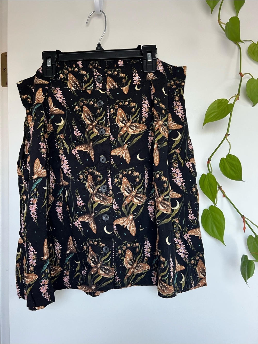 Disturbia Black Floral & Moth Button-Front Mini Skirt
